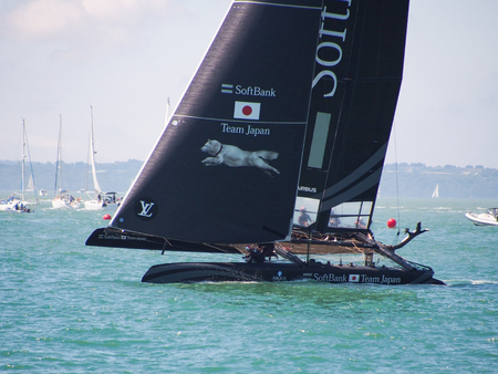 Portsmouth, England 23 July 2016. Softbank Team Japan race for position during the first day of racing in the Americas Cup World Series, in the Solent.のeditorial素材