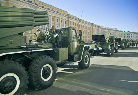 ST PETERSBURG, RUSSIA-MAY 8, 2008: Missile vehicles lined for a rehearsal before the celebration of World War II Victory Day on May 9, 2008.のeditorial素材