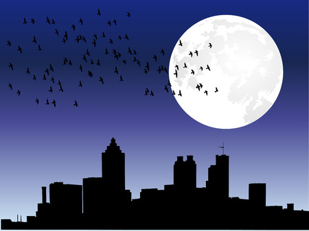 City skyline with moon and flock of birdsのイラスト素材