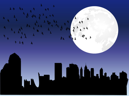 City skyline with moon and flock of birdsのイラスト素材