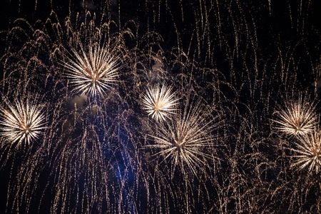 White expanding needles of firework display in the night sky at Scarlet Sails festivity in Saint Petersburg ,Russiaの写真素材