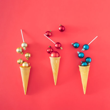 Christmas decoration in ice cream cones on a red background. Minimal flat lay concept.の写真素材