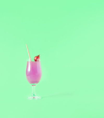 A cocktail decorated with a red Christmas ball on a green background. Minimal creative idea. Party concept.の写真素材