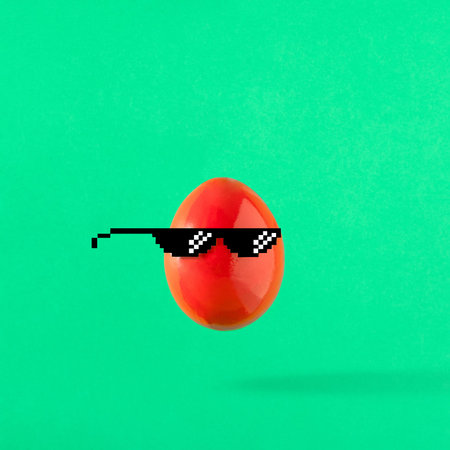 Red egg with retro glasses on a green background. Minimal Easter concept. Contemporary idea 2022.