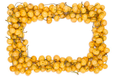 Fresh ripe organic white cherries frame borderの写真素材