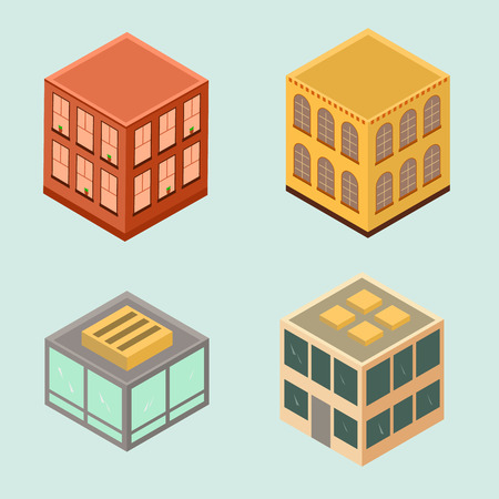 Set of 4 isometric houses in flat style. Vector image.のイラスト素材
