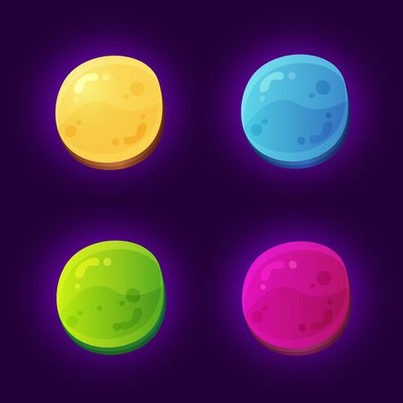 Colorful abstract rounded game gems elements for arcade games. Graphic User Interface GUI for mobile games. Yellow, blue, green, pink elements.のイラスト素材