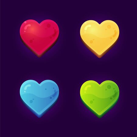 Set of 4 hearts symbol for arcade mobile games on dark background. Game User Interface elements for using in mobile and video games.のイラスト素材