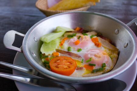 Hot pan fried eggの写真素材
