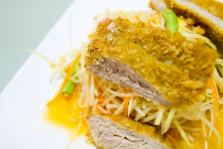 thai green papaya salad with fried porkの写真素材