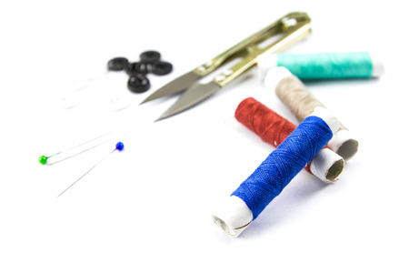 Sewing accessories on white backgroundの写真素材