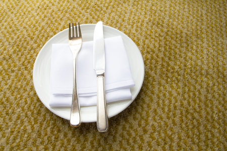white plate, knife, fork with emptyの写真素材