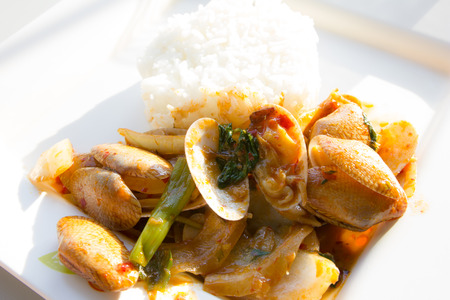 fried chili clams with riceの写真素材