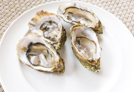 open fresh oysters on white plate