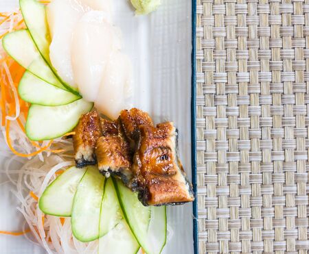 sashimi Unagi and fresh scallop hotate,japanese foodの写真素材