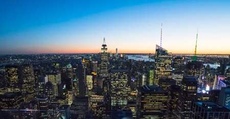New York City from Helicopter at twilightの写真素材