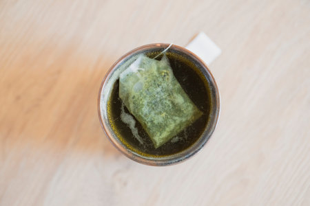 Top view of a tea bag in hotの写真素材