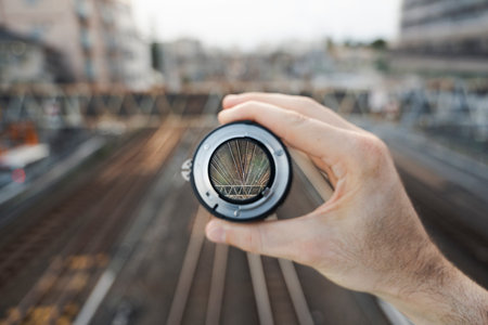 Urban railway bridge viewed through camera lens