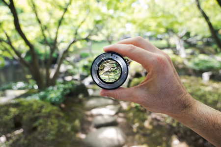 Lens focus on forest stream through camera lensの写真素材