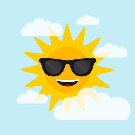 Sun with sunglasses on blue background with clouds. Flat style. Vector illustrationのイラスト素材