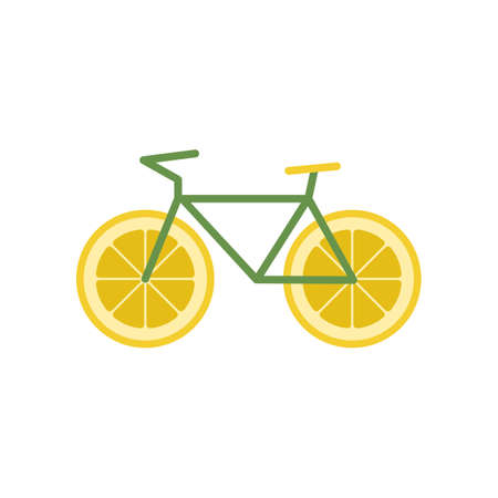 Bike on white. Bicycle with lemon fruit wheels. Flat style. Vector illustration. Funny healthy juicy fruity transportのイラスト素材