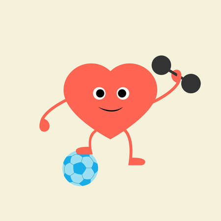 Heart with a ball and dumbbell. Cute red heart holding dumbbell in hand, one leg staying on the soccer ball. Flat cartoon style. Vector illustrationのイラスト素材