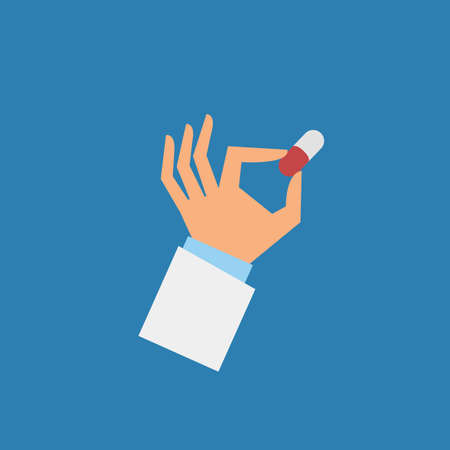 Hand holding a pill. Flat cartoon style. Vector illustrationのイラスト素材