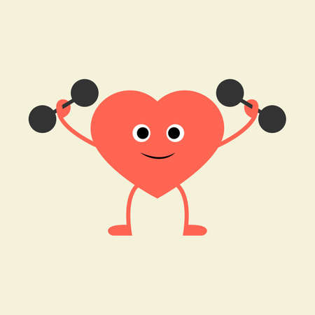 Cute red heart holding dumbbells in hands. Healthy heart flat vector icon illustration isolated on background. Cartoon characterのイラスト素材