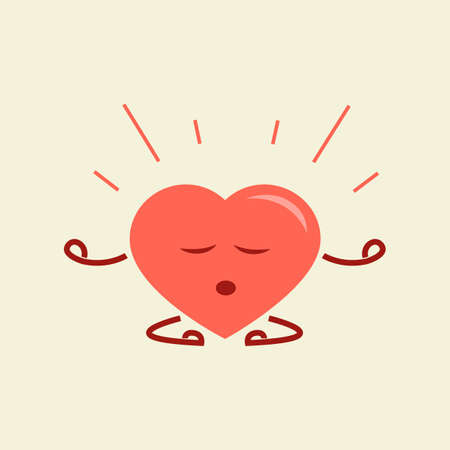 Cute red heart with face in meditation pose. Healthy heart flat vector icon illustration isolated on background. Cartoon characterのイラスト素材