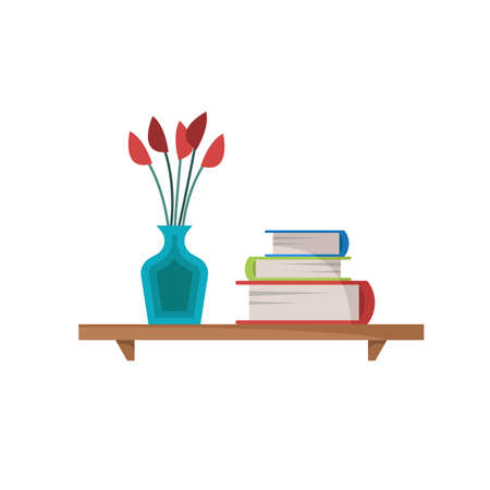 Elements of interior of a room isolated on white background. Flowers in the vase and pile of books on the shelve. Flat cartoon style. Vector illustrationのイラスト素材
