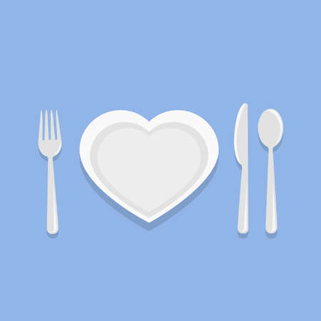 Spoon and fork, knife, heart shaped plate. Serving for Valentines day. Top view. Flat cartoon style. Vector illustrationのイラスト素材