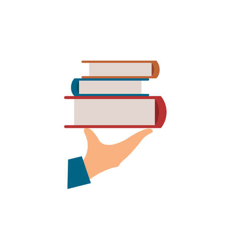 Hand holding a stack of books. Flat cartoon style. Simple vector illustration isolated on white backgroundのイラスト素材