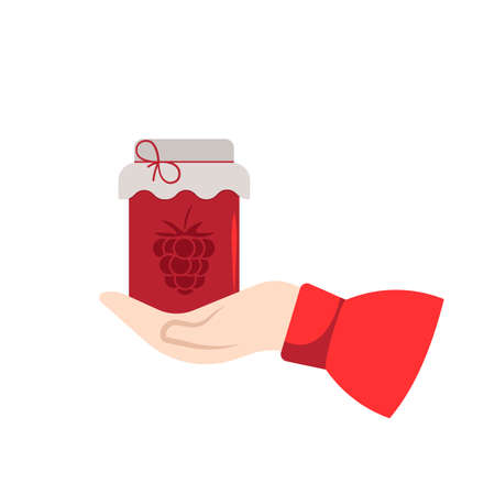 Hand holding a jar with raspberry jam. Flat cartoon style. Vector illustrationのイラスト素材