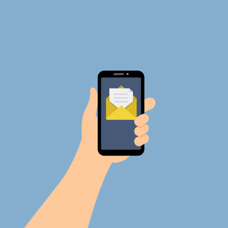 Hand holding smartphone and new message on screen. Opened envelope. Flat cartoon style. Vector illustrationのイラスト素材