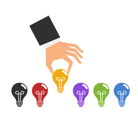 Hand holding light bulb. Businessman picks idea bulb among a lot of lamps of different colors. Flat style. Vector illustrationのイラスト素材