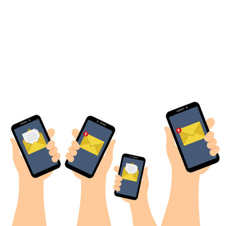 Hands holding mobile phones. People holding smartphones with messages, important information, opened and closed envelopes. Flat cartoon style. Vector illustrationのイラスト素材