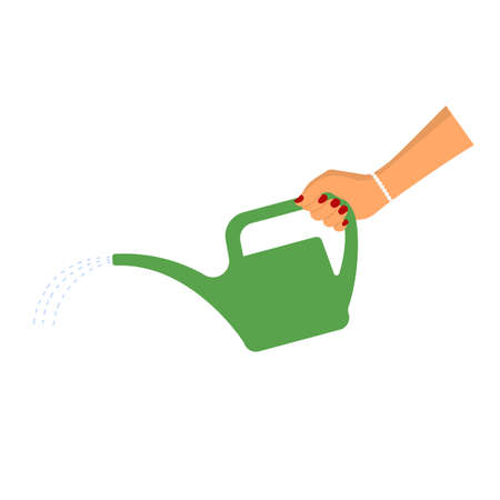 Green watering can in hand isolated on white background. Vector illustration. Flat styleのイラスト素材