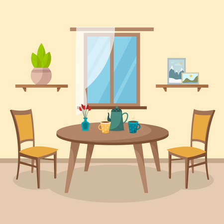 Cozy kitchen interior design with furniture and window with curtain. Dining table and chairs, cups, teapot, elements of home decor. Flat style. Vector illustrationのイラスト素材