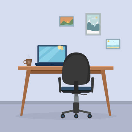 Cozy workplace interior. Home office with laptop on the table, coffee cup, pictures on the wall. Work from home, freelance or studying. Flat style. Vector illustrationのイラスト素材