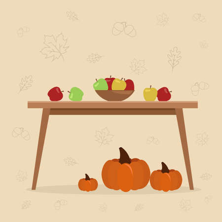 Apple fruits on the table, pumpkins. Autumn / halloween background. Vector illustration. Flat styleのイラスト素材