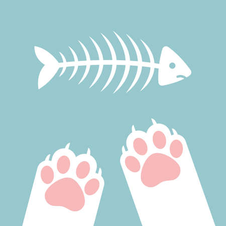 Cat paws want to take fish bone, fishbone skeleton. Flat cartoon style. Vector illustrationのイラスト素材