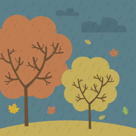 Rain landscape, autumn trees with colorful falling leaves. Flat style. Vector illustrationのイラスト素材