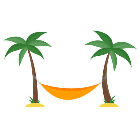Hammock between two palm trees isolated on white background. Flat style. Vector illustrationのイラスト素材