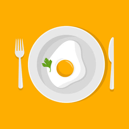 Fried egg on a plate with fork, knife. Vector illustration. Flat styleのイラスト素材