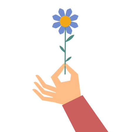 Hand with flower isolated on white background. Vector illustration. Flat styleのイラスト素材