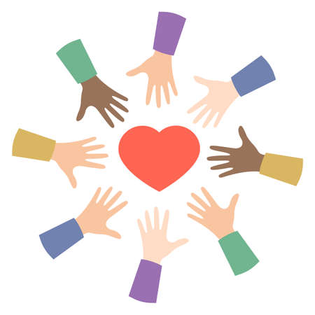 Hands with heart isolated on white. Colorful hands of different nationalities around a heart. Symbol of friendship between people, volunteer concept, sign of unity and partnership. Vector illustrationのイラスト素材
