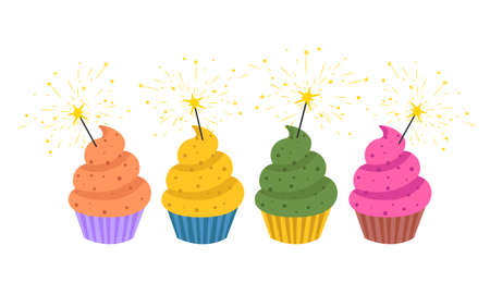 Birthday cupcake with bengal lights isolated on white. Flat cartoon style. Vector illustrationのイラスト素材