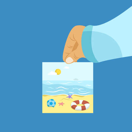 Hand holding image with tropical beach with starfishes on the sand, ball, swimming ring, sea view. Summer vacation on the sea shore. Vector illustration. Cartoon styleのイラスト素材