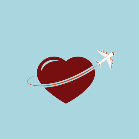 Flying airplane and big shape of heart. Love to travel by plane concept. Flat style. Vector illustrationのイラスト素材