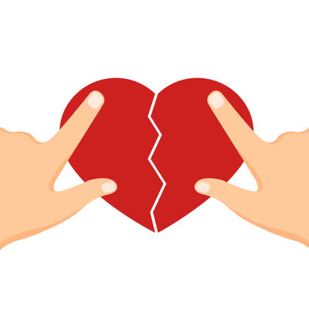 Hands holding a little bit broken heart isolated on white background. Cartoon styleのイラスト素材
